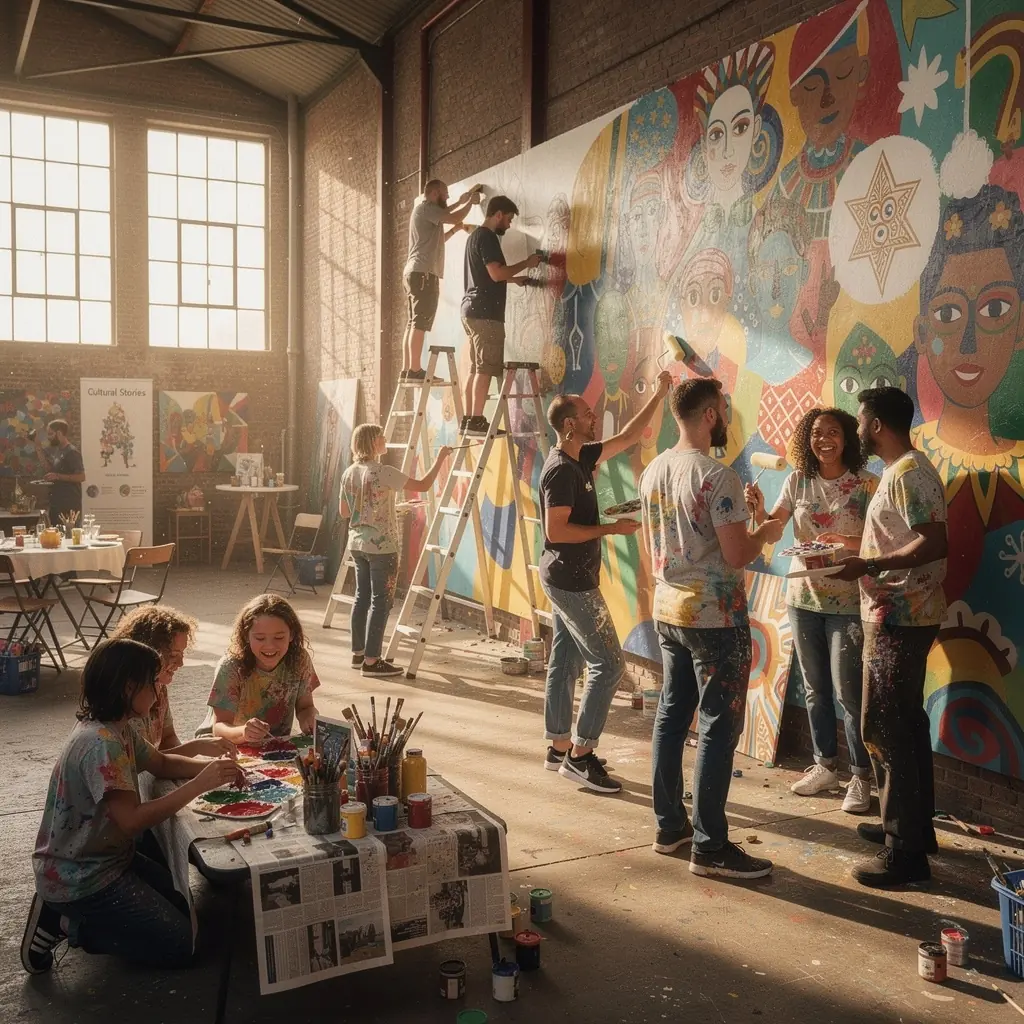 Een levendige markt met lokale kunstenaars die hun ambachtelijke producten en kunstwerken tentoonstellen.