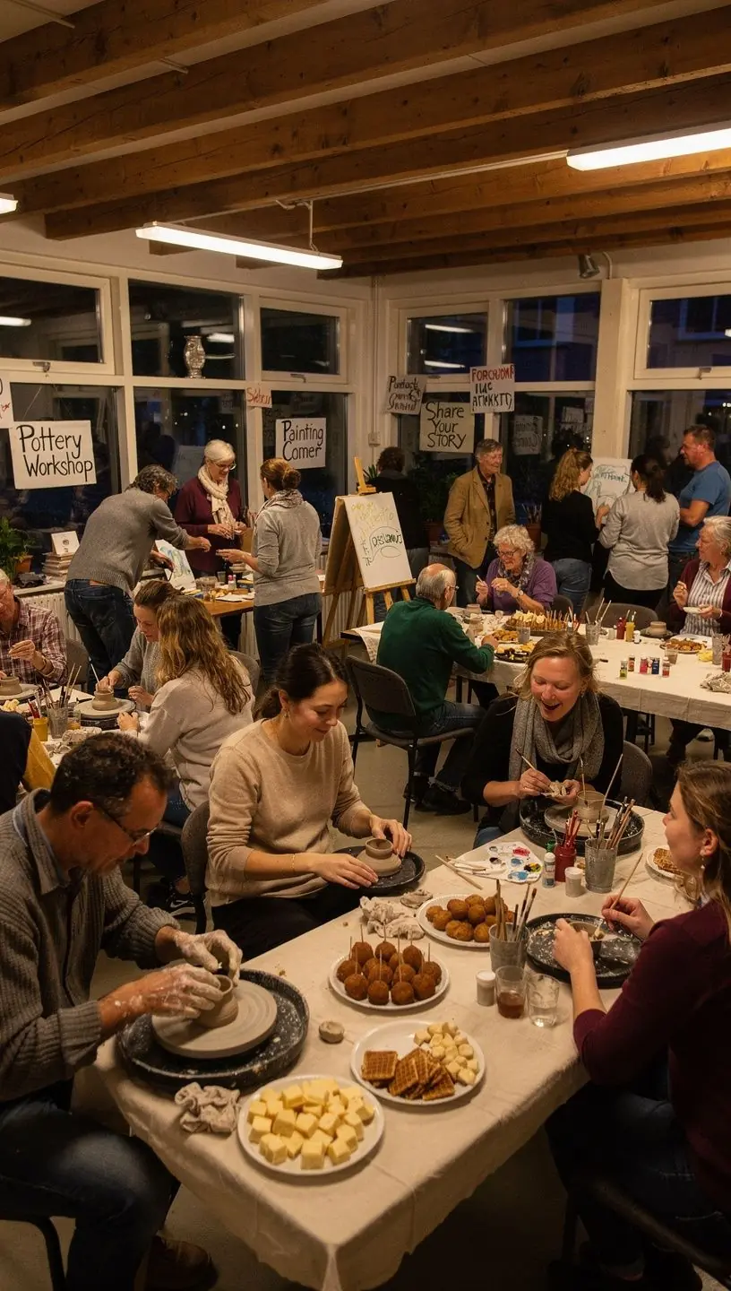 Een vrolijke groep volwassenen die samen muziek maken in een culturele bijeenkomst, omringd door kleurrijke decoraties.